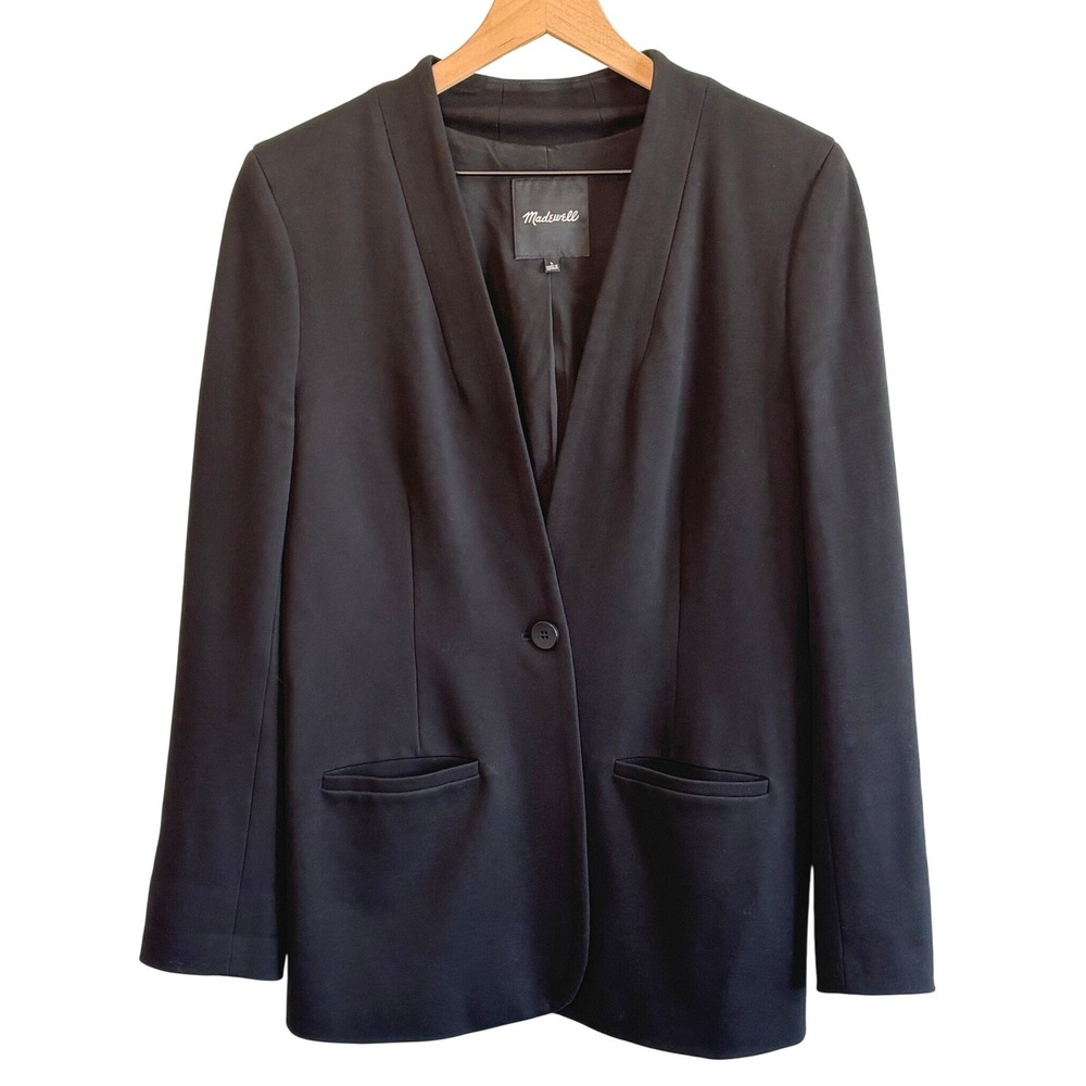Madewell Blazer Black Women Size 8 Collarless Single Button Twill Workwear - Picture 1 of 11